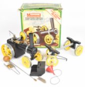 Mamod live steam traction engine and trailer set with yellow wheels, single oscillating cylinder and