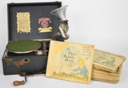 Pixie Grippa cased portable Perophone together with seven Bubble Book children's 78RPM records
