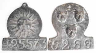 Two reproduction lead insurance fire mark plaques with Sun 425573 and three leopard heads (Salop