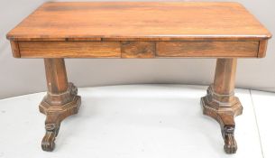 Victorian rosewood sofa table with two drawers, raised on tapering octagonal supports and