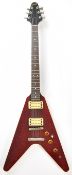 Greco Flying V style electric guitar in Burgundy finish, with rosewood fretboard, pearlescent inlays