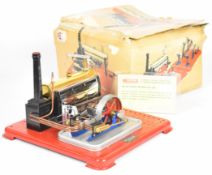 Mamod SP5 live steam engine on Meccano style base with reversing twin oscillating cylinders, lever