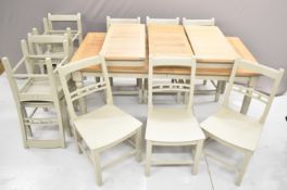 Modern Neptune extending oak topped dining table with painted green / grey base and 3 extra