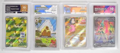 Four graded Pokémon cards comprising Iron Valiant EX 249/182, Chansey JPN 113/101, Alolan Dugtrio