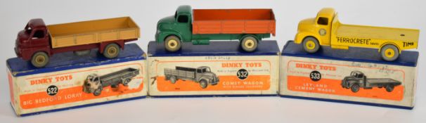 Three Dinky Toys diecast model trucks comprising Big Bedford Lorry 522, Comet Wagon 532 and