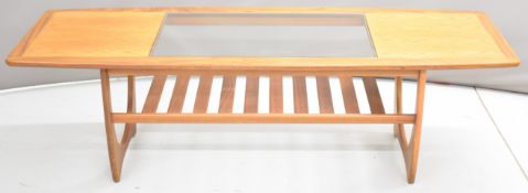 G Plan retro mid century modern coffee table with inset glass panel and slatted undershelf, L152 x