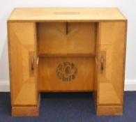 Art Deco satinwood desk with mahogany cross-banded edge each side door opening to reveal four