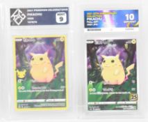 Two Pokémon 'Pikachu' trading cards comprising Celebrations 005/025 and 25th Anniversary JPN 001/