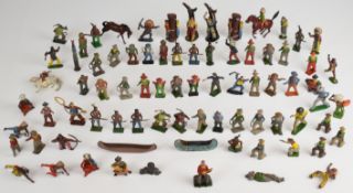 Seventy-two W Britain, Timpo, Harvey, Crescent and Wend-Al painted metal cowboys and Indians