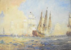 Gregory Robinson (1879-1967) maritime watercolour naval battle scene with galleons firing cannon
