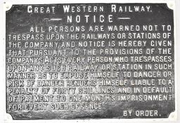 Great Western Railway vintage trespass cast iron sign, 53.5 x 77cm