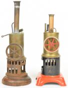 Two likely German live steam vertical engines, both with through crankshafts, one likely