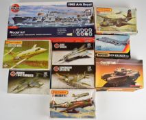 Ten Airfix and similar plastic model kits to include HMS Ark Royal, Churchill Tank, Supermarine