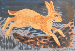 Mark Hearld (born 1974) mixed media collage of a running hare, signed and dated 2009 lower right, 15
