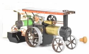 Mamod TE1A live steam tractor or traction engine with brown canopy, brass boiler barrel and