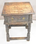 17th / 18thC carved oak joint stool or side table with drawer, W51.5 x D47 x H64cm
