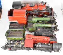 Seven vintage style pressed steel model railway locomotives comprising American and British examples