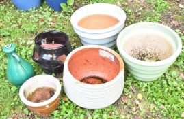 Four jardinières / garden planters together with a strawberry planter and two-handled glazed