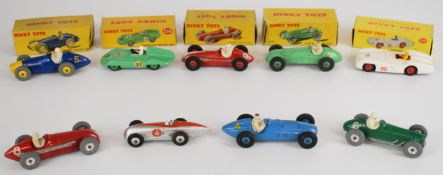 Nine Dinky Toys diecast model racing cars comprising Cooper-Bristol, Alfa-Romeo, Talbot-Lago,