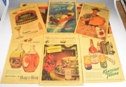 Group of eight vintage colour advertising poster boards Seagram’s Distilled Dry Gin, Whiskey