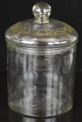 Etched glass vintage 'Smiths Crisps' shop display or similar jar, height 27cm