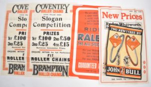 Five vintage bicycle interest posters comprising 1925 Rudge Whitworth, Raleigh, John Bull tyres
