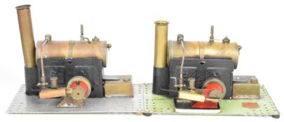 Two Bowman live steam engines each with single oscillating cylinder with oil cup, on Meccano style