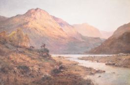 After Alfred de Breanski (1852-1928) oleograph 'An Inverness Valley Landscape' with shepherd and dog