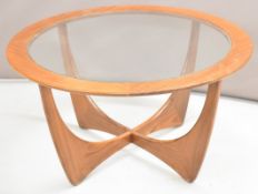 G Plan Astro retro mid-century modern glass topped coffee table, diameter 84cm