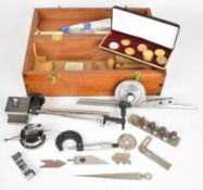 Engineering tools in mahogany box, to include John Bull dial test indicator on magnetic base,