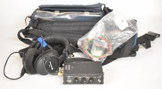 Sound Devices HX-3 headphone distribution amplifier with Beyerdynamic MRH-R headphones, soundman