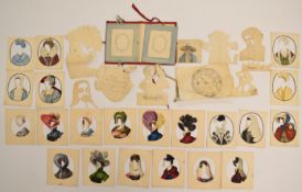 [Paper Dolls] Victorian hand-coloured metamorphic costume and headdress overlay cards with cut-out