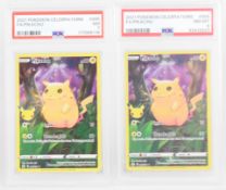 Two Pokémon 'Pikachu' Celebrations Full Art 005/025 trading cards, 2021, PSA graded 7 NM and 8 NM