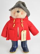 Gabrielle Designs Paddington Bear with grey felt hat, red duffle coat, blue wellington boots and