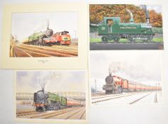 Four watercolours of steam railway locomotives, one depicting an LMS locomotive in the snow and