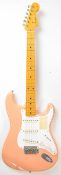 Fender Stratocaster electric guitar in flamingo pink finish with maple neck/fretboard and three