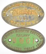 LNER 5801 Darlington 1908 steam locomotive makers plate together with a replica Midland Railway 1881