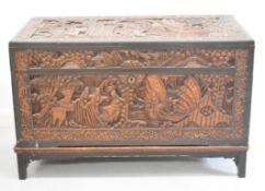 Carved Chinese chest with camphorwood lining, on stand, W98 x D48 x H61cm
