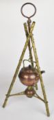 Arts and Crafts WAS Benson style copper and brass spirit kettle with faux branch tripod support,