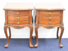 Pair of three drawer bedside cabinets raised on cabriole legs, W46cm x D40cm x H68cm