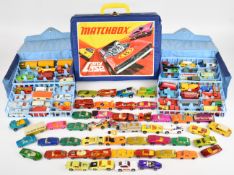 Ninety six Matchbox Superfast and similar diecast model cars, in three vintage collector's cases.