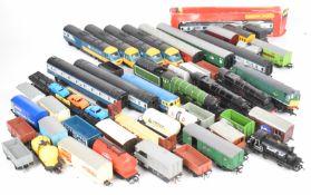 A collection of mostly Hornby 00 gauge model railway locomotives, coaches and goods wagons to