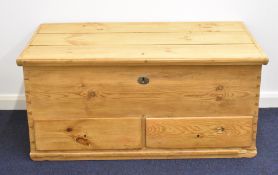 19th / 20thC twin-handled pine trunk with two drawers W117cm x D64cm x H54cm