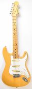 Kimbara Stratocaster style electric guitar in blonde natural wood finish with maple neck, black