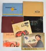 Seven pre war and similar car brochures comprising Delahaye, Triumph Dolomite, Austin 12, Vauxhall