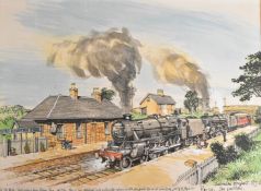 A. Bryce pen and ink and watercolour study of two Black 5 steam locomotives standing at