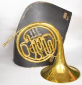Early 20th century French horn, retailed by John Grey & Sons, London, made in Italy, with fitted