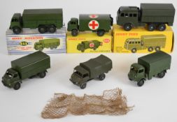 Six Dinky Toys diecast model military vehicles, three in original boxes.