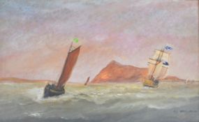 W. J. Colyer oil on panel military sailing ship or galleon flying the blue ensign with other ships