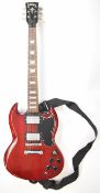 Vintage SG style electric guitar in cherry red finish with rosewood fretboard, pearlescent inlays